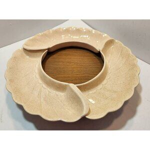 Vtg MCM California Pottery Tan Ceramic 3 Piece Divided Relish Dish With Stand